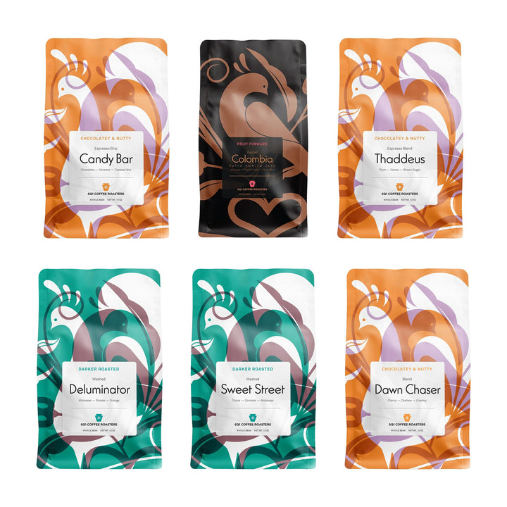 The Award Winners Bundle: Candy Bar, Colombia Patio Bonito Java, Thaddeus, Deluminator, Sweet Street and Dawn Chaser, six 12oz bags